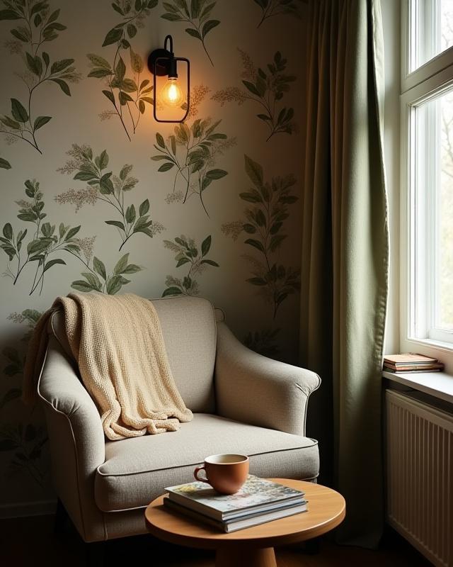 Koselig lesekrok med floral tapet og polstret lenestol fra Blomster Hus