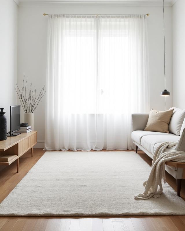 Minimalistisk stue med et elegant ullteppe og diskrete tekstiler fra Blomster Hus